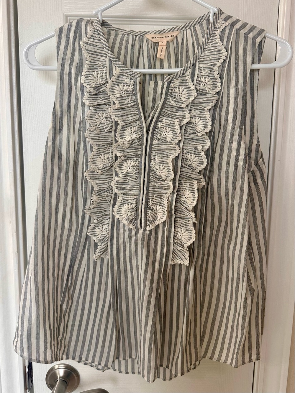 Rebecca Taylor Embroidered Striped Ruffle Sleeveless Top